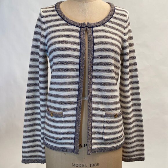 NWOT Banana Republic Ivory & Navy Lurex Stripe Cardigan With Pockets Size M - Picture 3 of 10